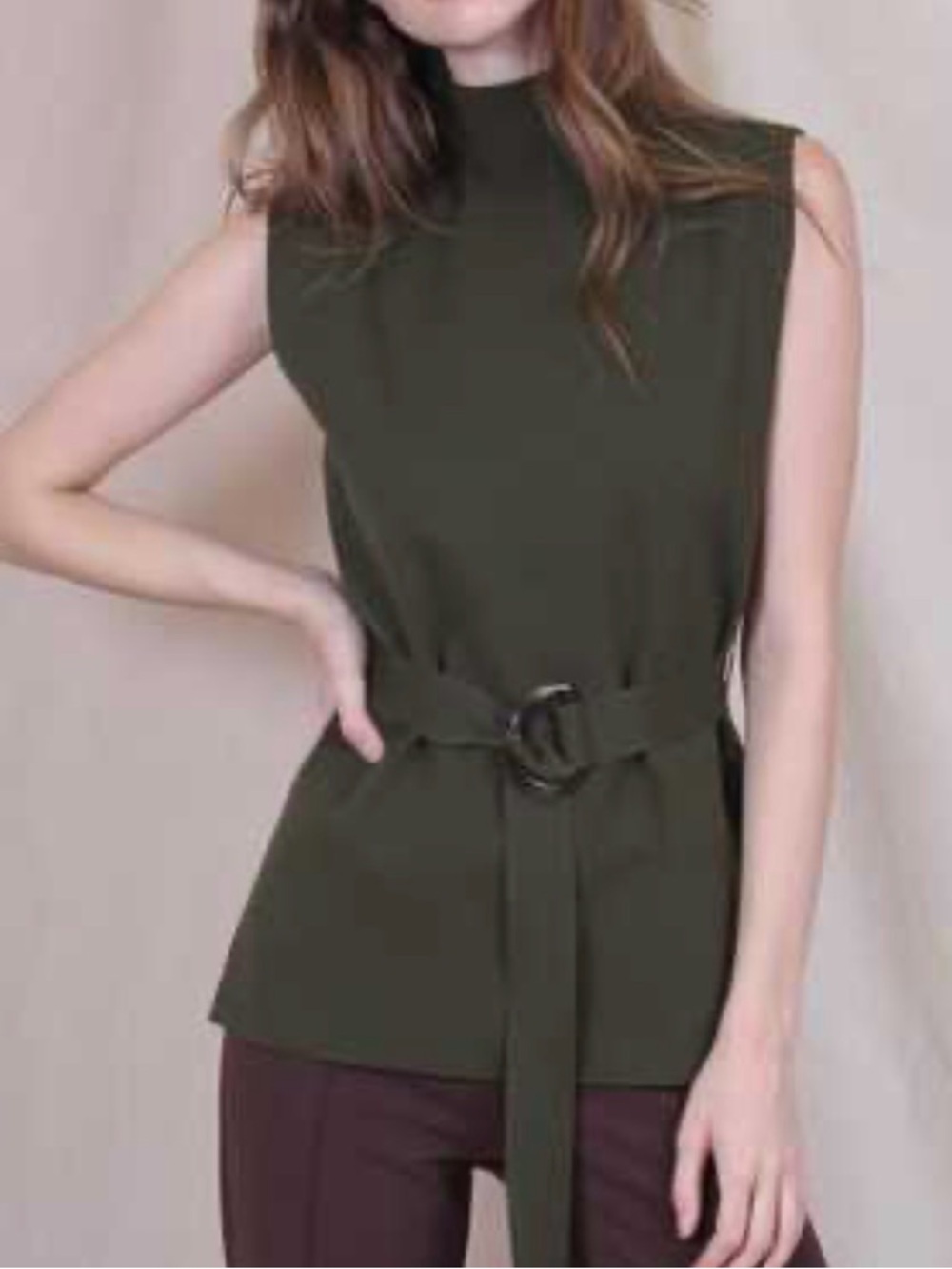 Fore Large Sleeveless Mock Neck Knit Top with Belt - Olive Green-NWOT